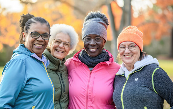 Group of happy elderly people standing together in sportwear before exercising in the park. Concept of active lifestyle at madure age. 
