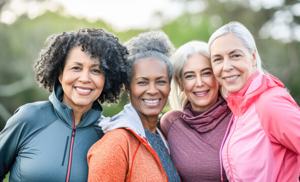 Group of happy elderly people standing together in sportwear before exercising in the park. Concept of active lifestyle at madure age. 