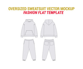 Oversized Sweatsuit Vector Mockup Vector Sketch of Hoodie Sweatpants Joggers with Pockets Tracksuit Mockup with Pajamas Joggers Technical Drawing