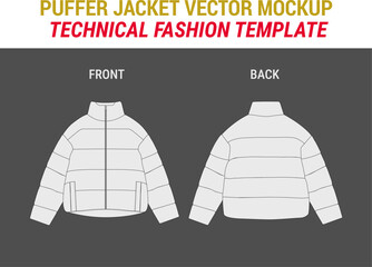 Oversized Winter Quilting Coat Puffer Winter Down Coat Vector Technical Sketch Cropped Puff Coat Mockup Template Flat Puffer Illustration © sigraphics.co
