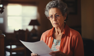 Mature Senior Older Woman Worried Reading Letter - obrazy, fototapety, plakaty