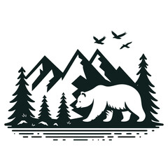 Beautiful outdoor bear. Forest and mountain in the back.  handdrawn vintage style  vector illustration	