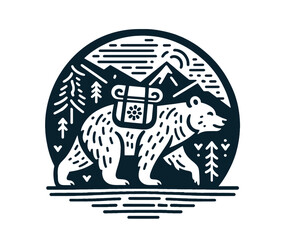 Fototapeta premium Beautiful outdoor hiking bear. Forest and mountain in the back at night. handdrawn vintage style vector illustration 