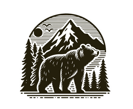 Beautiful outdoor bear. Forest and mountain in the back.  handdrawn vintage style  vector illustration	