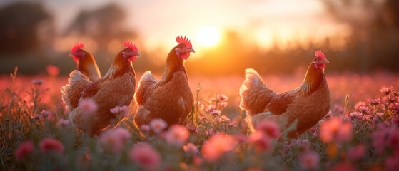 Hens roam freely in field at sunset. Group of chickens stand in a field during sunset - obrazy, fototapety, plakaty