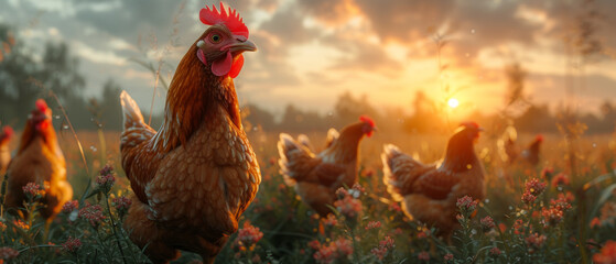 Fotografia Hens graze on meadow at sunset. Group of chickens stand in a field during sunset, - obrazy, fototapety, plakaty