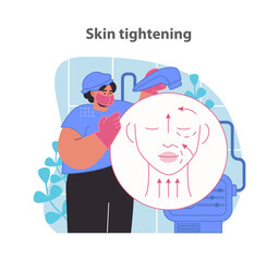 Cutting-edge skin tightening treatment. Professional aesthetic service. Non-invasive facial rejuvenation. Flat vector illustration.