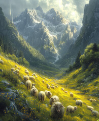 Flock of sheep grazing on green alpine meadow