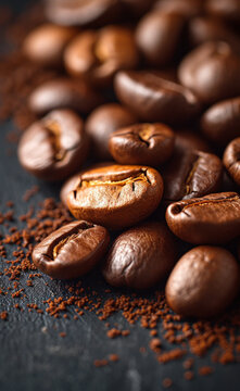 Roasted coffee beans and coffee powder on black background close-up selective focus © Vadim
