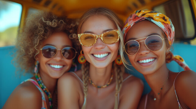 three girls traveling by yellow bus, fashionable hippie top models portrait  - summer concept