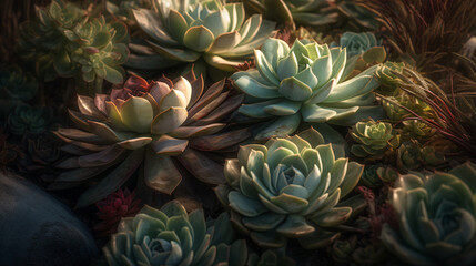 diverse array of succulents bathed in the soft morning light