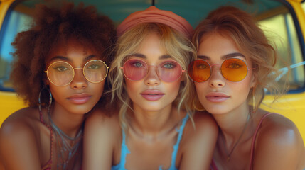 three girls traveling by yellow bus, fashionable hippie top models portrait  - summer concept