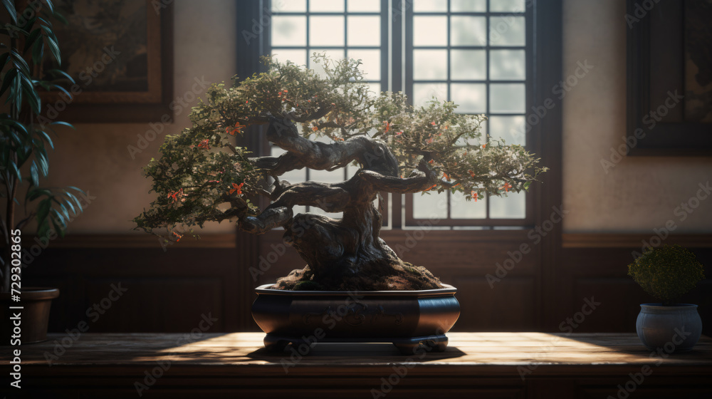 Poster bonsai tree in a futuristic setting with sleek and modern elements