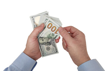 Hands counting USA one hundred Dollar bills on transparent or white background