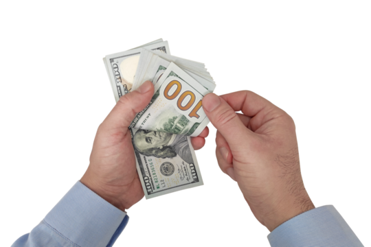 Hands counting USA one hundred Dollar bills on transparent or white background