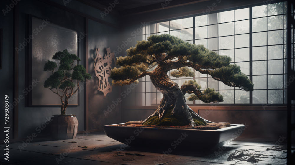 Poster bonsai tree in a futuristic setting with sleek and modern elements