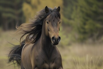 horse with flowing mane galloping directly towards camera