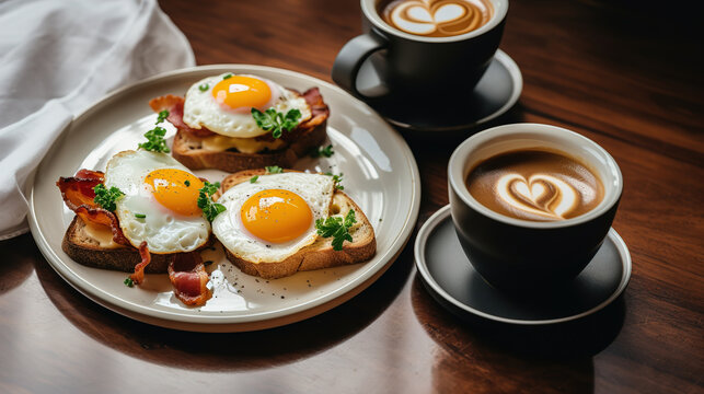 Toast with fried Eggs and crispy Bacon with a cup of coffee. Image for Cafe and Restaurant Menus