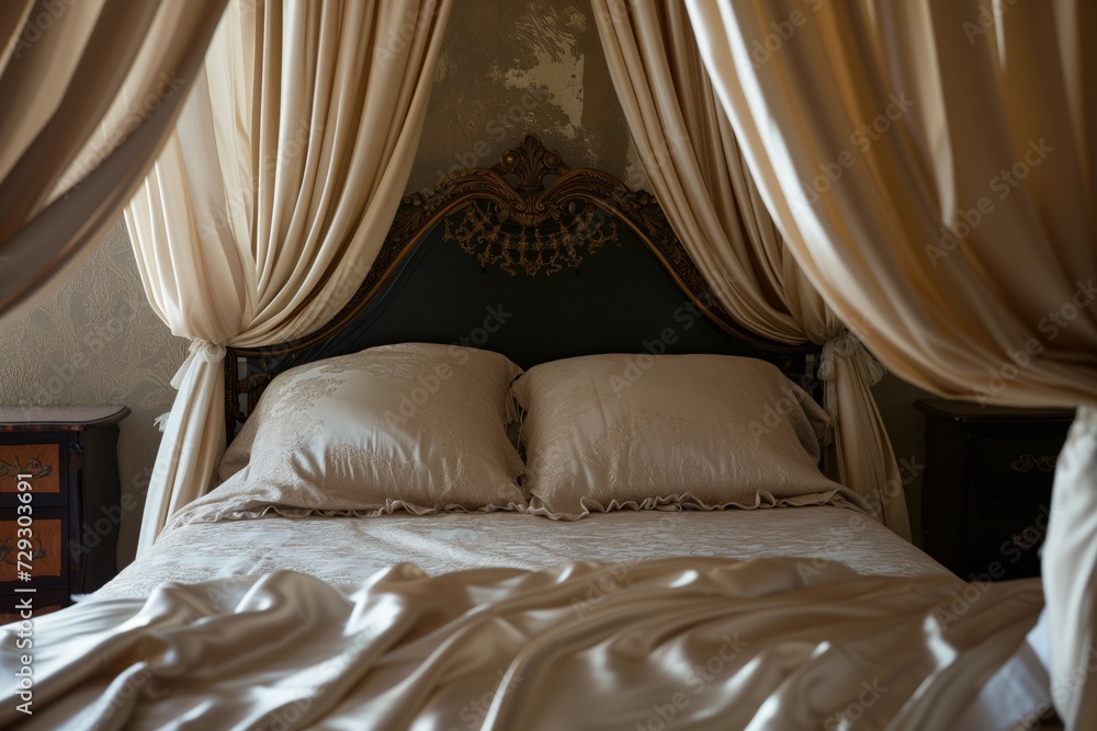 Poster elegantly draped canopy over a bed with satin bedding