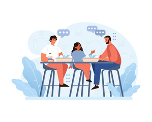 Modern Family Dynamics Concept. Two loving dads enjoy a meal with their daughter, representing diverse family structures. Embracing love and inclusivity. Flat vector illustration.
