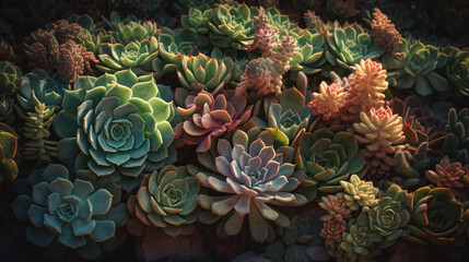 diverse array of succulents bathed in the soft morning light