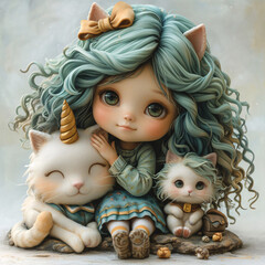 Cute girl with curly hair with a shiny bow, in a menthol T-shirt with strawberries, skirt with pockets, striped tights and shoes with clasps, hugging a big Cute Cat