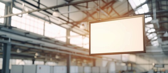 Empty hanging lightbox for advertising or sign, with black frame, in loft building.