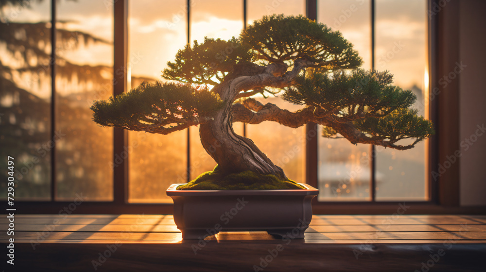 Poster bonsai tree in a futuristic setting with sleek and modern elements