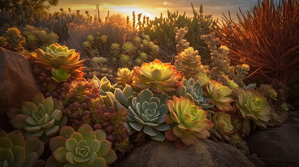 diverse array of succulents bathed in the soft morning light