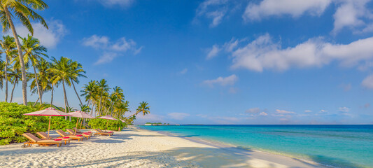 Leisure happy island idyllic nature. Beautiful tropical beach banner. Sunshine sea sky, white sand...