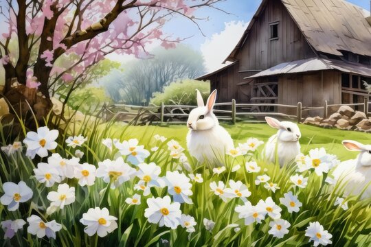 cute bunny and spring flowers. Happy Easter concept.