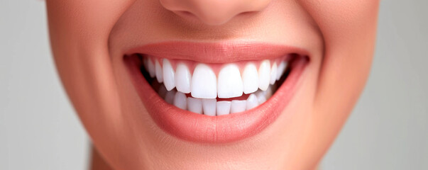 Naklejka premium Beautiful female smile after teeth whitening procedure. Dental care. Dentistry concept.
