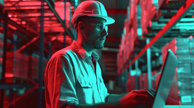 Warehouse worker using laptop computer, in the style of realistic anamorphic art, red and aquamarine