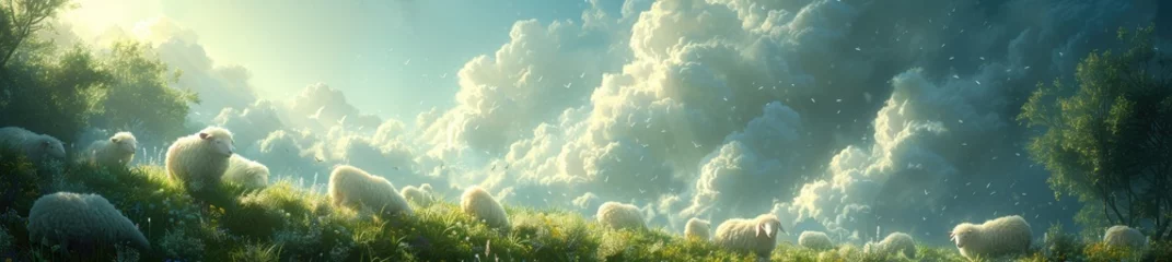 Fotobehang a group of fluffy sheep grazing on clouds, in the style of whimsical anime © Tung's companion