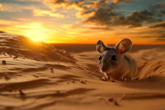kangaroo rat peeking from a desert hole with a sunset backdrop