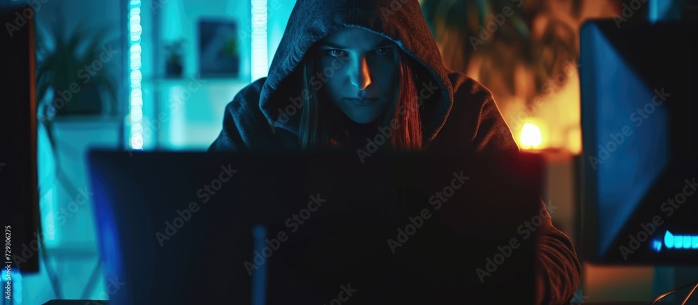 Poster female hacker leveraging computer knowledge to illicitly obtain data and pilfer passwords. intruder 