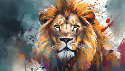 Majestically looking lion painted in airprush, colorful, strength, power, king, lion