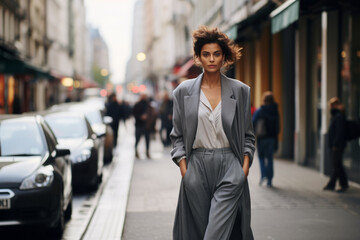 A stylish woman in a layered duster coat and slim-fit jumpsuit, navigating the urban jungle with confidence and purpose