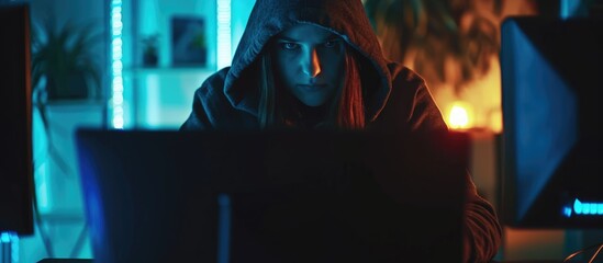 Female hacker leveraging computer knowledge to illicitly obtain data and pilfer passwords. Intruder bypassing security firewall for spying, hacktivism, and cryptojacking. Filmed with a mobile device. - obrazy, fototapety, plakaty