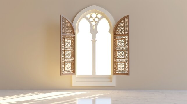 Details of Arabic architecture. Serene 3D scene of an open window with intricate Arabic patterns on beige wall casting warm sunlight. Arab-style open window with sutters