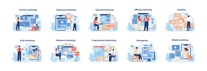 Digital Marketing Strategies Set. Vibrant illustrations depicting diverse online marketing tactics from content to mobile marketing. Flat vector graphics.