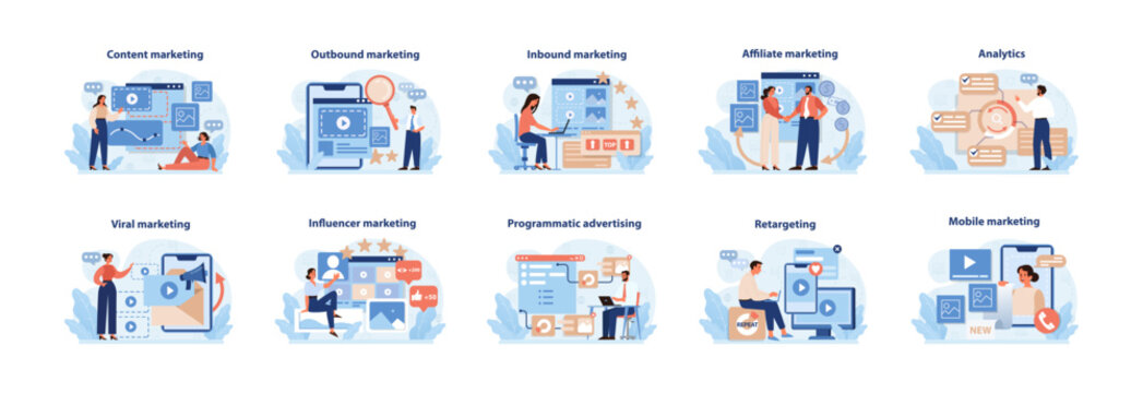 Digital Marketing Strategies Set. Vibrant illustrations depicting diverse online marketing tactics from content to mobile marketing. Flat vector graphics.