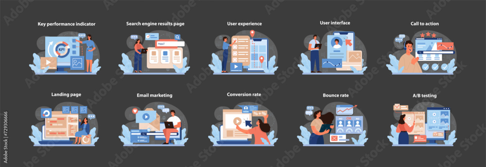 Poster digital marketing essentials vector illustrations. engaging visuals depicting key digital marketing 