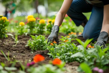 gardener planting new flowers in a public city garden - obrazy, fototapety, plakaty