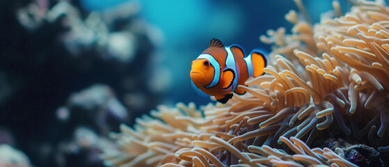Naklejka na ściany i meble wallpaper of a clown fish coral reef / macro underwater scene, view of coral fish, underwater diving