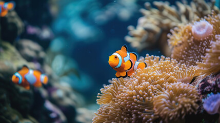 wallpaper of a clown fish coral reef / macro underwater scene, view of coral fish, underwater diving