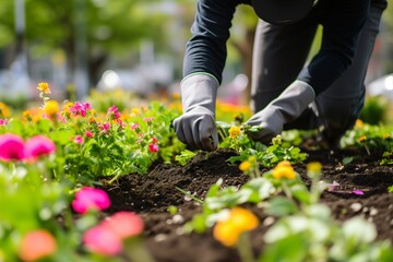 Fototapeta na wymiar gardener planting new flowers in a public city garden