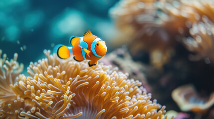 Fototapeta na wymiar wallpaper of a clown fish coral reef / macro underwater scene, view of coral fish, underwater diving
