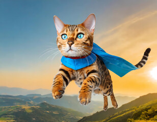 Cool Cat, Superhero cat is flying trough the air with a blue and red cape, funtatic, fantasy, power, powercat
