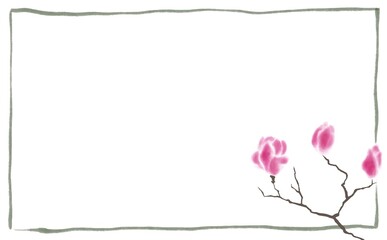 墨彩画で描いた花のフレーム モクレン